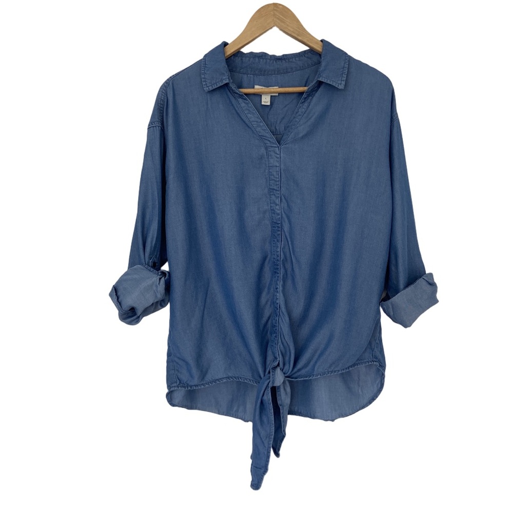 STYLE & CO DENIM BLUE 100% LYOCELL CHAMBRAY COLLARED SHIRT WITH WAIST TIE, LARGE